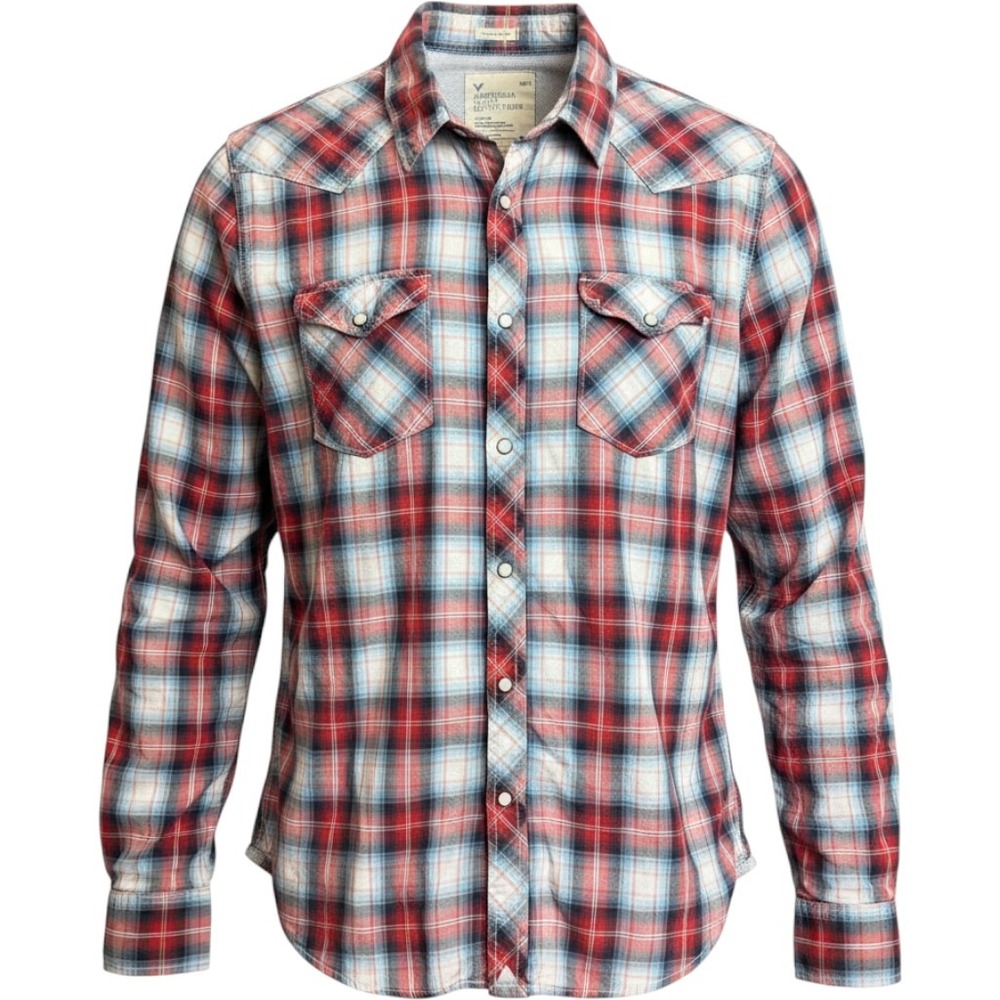 American Eagle Snap Down Shirt Mens XL Red Plaid Western Vintage Fit dual fabric